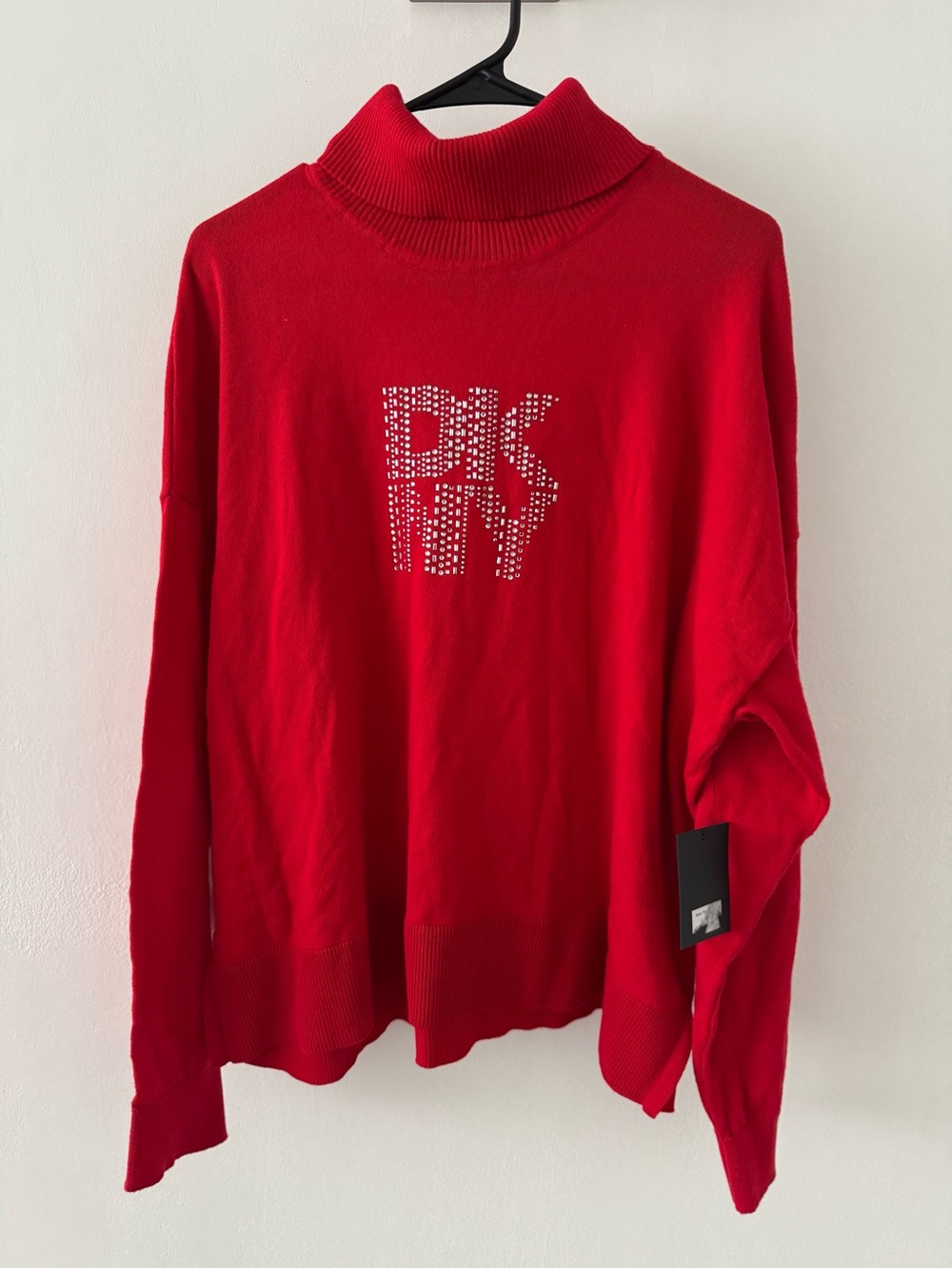 DKNY Red Crystal Logo Turtleneck Sweater